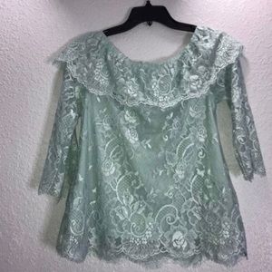 White House Black Market Lace Off Shoulders Pale Green Blouse